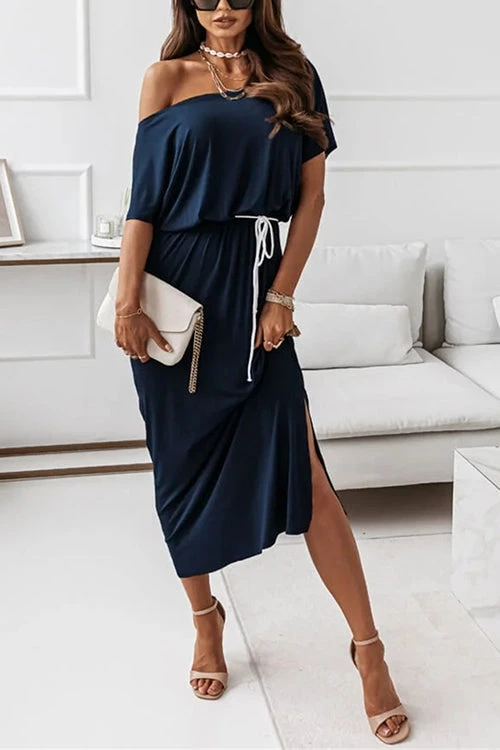 Levency Dew Shoulder Slit Belted Bat Dress 14 Levency Dew Shoulder Slit Belted Bat Dress