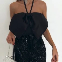 Levency Satin Bow Halter Neck Sequin Short Romper New In