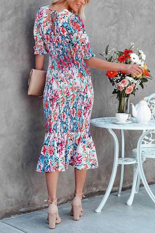 Levency New In V Neck Puff Sleeve Smocked Waist Midi Dress 6 Levency New In V Neck Puff Sleeve Smocked Waist Midi Dress