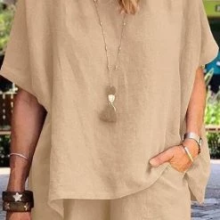 Levency Solid Short Sleeve Blouse Shorts Set New In