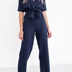 Levency New In Linen V Neck Wrap Jumpsuits