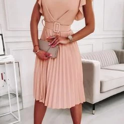 Levency Ruffles O Neck Pleated Midi Dress