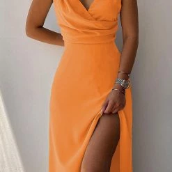 Levency V Neck High Slit Ruched Surplice Slip Maxi Dress New In