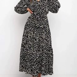 Levency New In Print Belted Long Sleeve Maxi Dress