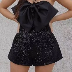 Levency Satin Bow Halter Neck Sequin Short Romper New In