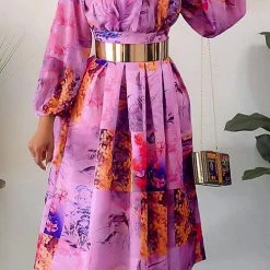Levency Print Ruffles Puff Long Sleeve Midi Dress New In
