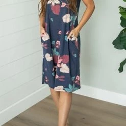 Levency Floral O Neck Pockets Midi Dress