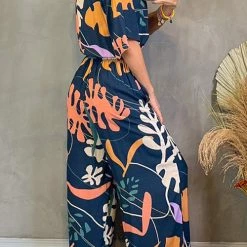 Levency Print V Neck Bat Drawstring Jumpsuits New In