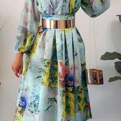 Levency Print Ruffles Puff Long Sleeve Midi Dress New In