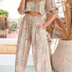 Levency Floral Backless Wide Leg Pants Suit
