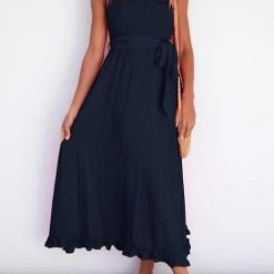Levency Ruffles One Shoulder Belted Maxi Dress