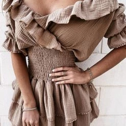 Levency Elastic Ruffles V Neck Mini Dress New In