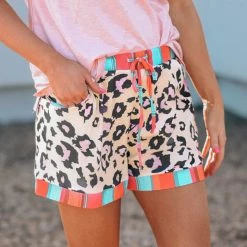 Levency New In Leopard Patchwork Drawstring Shorts