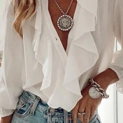 Levency New In Ruffles Button V Neck Blouse