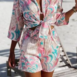 Levency New In Print Tie Blouse Short Set