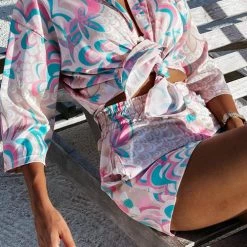 Levency New In Print Tie Blouse Short Set 26 Levency New In Print Tie Blouse Short Set