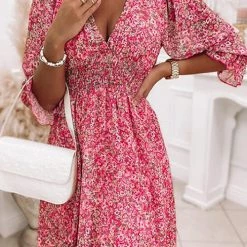 Levency Floral V Neck Elastic Waist Mini Dress New In