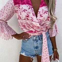 Levency Tropical Flares Sleeve Tie Top New In