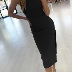 Levency New In One Shoulder Slit Slim Midi Dress 9 Levency New In One Shoulder Slit Slim Midi Dress
