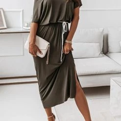 Levency Dew Shoulder Slit Belted Bat Dress 38 Levency Dew Shoulder Slit Belted Bat Dress