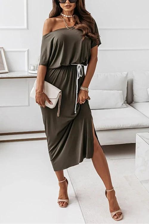 Levency Dew Shoulder Slit Belted Bat Dress 19 Levency Dew Shoulder Slit Belted Bat Dress