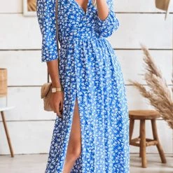 Levency Print Seven Sleeve Slit Wrap Maxi Dress
