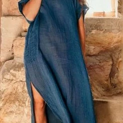 Levency High Collar Pocket Slit Dress New In