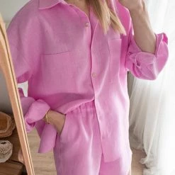 Levency New In Solid Pockets Oversized Shirt Shorts Set