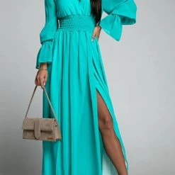 Levency New In Empire Waist V Neck Slit Maxi Dress