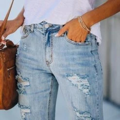 Levency Rivets Ripped Capris Straight Denim Shorts