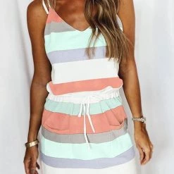 Levency New In Stripe Drawstring Sleeveless Mini Dress