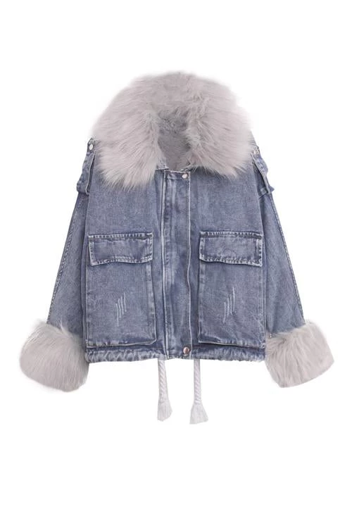 Levency Detachable Fuzzy Faux Fur Collar Denim Coat New In 38 Levency Detachable Fuzzy Faux Fur Collar Denim Coat New In