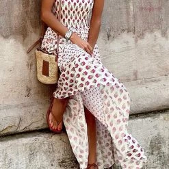 Levency Printed Smocked Ruffle Maxi Dress