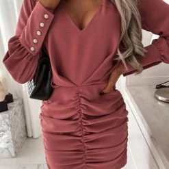Levency New In V Neck Ruched Bodycon Dress