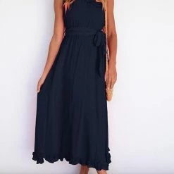 Levency Ruffles One Shoulder Belted Maxi Dress