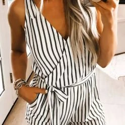 Levency Stripe Tie Shoulder Wrap Romper New In