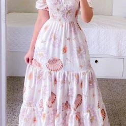 Levency Print Shirred Bodice Tiered Maxi Dress