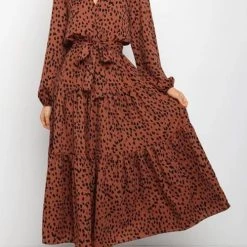 Levency New In Print Belted Long Sleeve Maxi Dress
