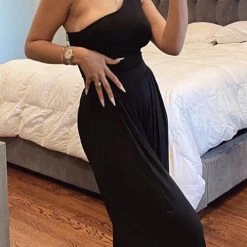 Levency Solid One Shoulder Wide Leg Jumpsuits New In