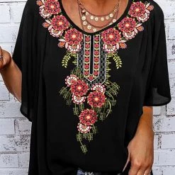 Levency New In Print O Neck Loose Blouse