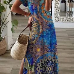 Levency Ambilight Print V Neck Slit Maxi Dress New In