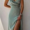 Levency V Neck High Slit Ruched Surplice Slip Maxi Dress New In