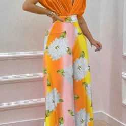 Levency New In V Neck Bat Blouse Print Wide Leg Pants Set
