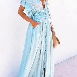 Levency New In Button Drawstring Waist Bat Maxi Cover Dress