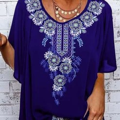 Levency New In Print O Neck Loose Blouse