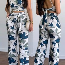 Levency Print Halter Backless Crop Pants Set