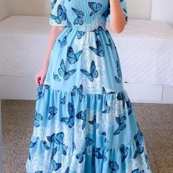 Levency Print Shirred Bodice Tiered Maxi Dress