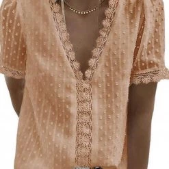 Levency Lace V Neck Puff Short Sleeves Blouses 23 Levency Lace V Neck Puff Short Sleeves Blouses