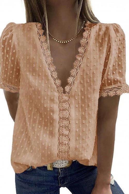 Levency Lace V Neck Puff Short Sleeves Blouses 7 Levency Lace V Neck Puff Short Sleeves Blouses