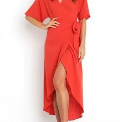 Levency Solid V Neck Tulip Wrap Dress New In